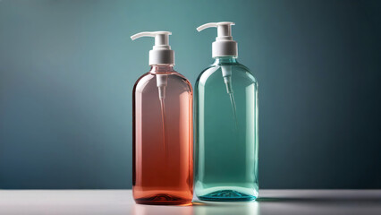 Two empty dispenser bottles on a table on a blue background