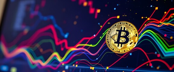 The screen’s vibrant colors and the detailed textures screen displaying abstract bitcoin.