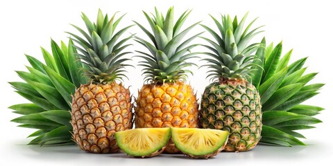 Tropical Elegance Vibrant Pineapples Arrangement on White, Fresh Summer Fruits for Food Advertising, Bright and Summery Concept with Ripe and Unripe Pineapple Slices