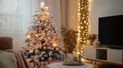 A Christmas tree decorated with pastel-colored ornaments, soft twinkling lights, and ribbons in a modern living room.