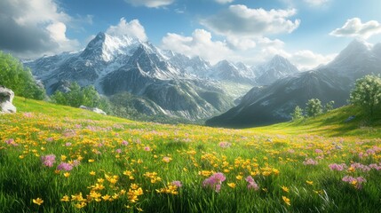 A breathtaking view of a vibrant meadow filled with wildflowers, set against majestic snow-capped mountains.