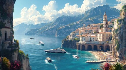 Naklejka premium Stunning coastal scene featuring luxury yachts and picturesque Mediterranean architecture under a bright sky.