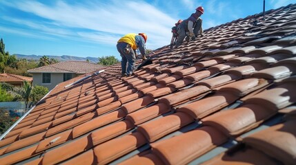 Roof repair in progress, with workers replacing damaged tiles and inspecting the structure for leaks