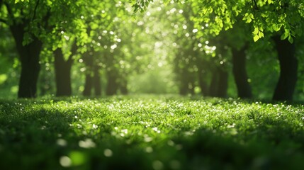 A serene, lush green forest scene with sunlight filtering through vibrant leaves, creating a tranquil atmosphere.