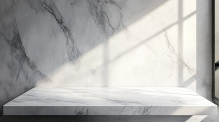 A modern, minimalistic interior with a marble countertop illuminated by soft natural light.