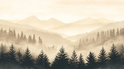 Fototapeta premium A serene misty landscape of evergreen trees and distant mountains under a soft, golden haze.