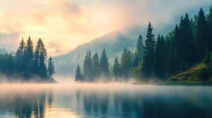 Serene lake surrounded by misty mountains and lush evergreen trees at sunrise.