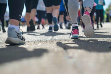 Dynamic marathon crowd with focus on runners' feet and colorful shoes.