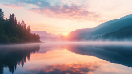 Fototapeta premium A serene dawn landscape featuring a misty lake reflecting vibrant hues of sunrise.