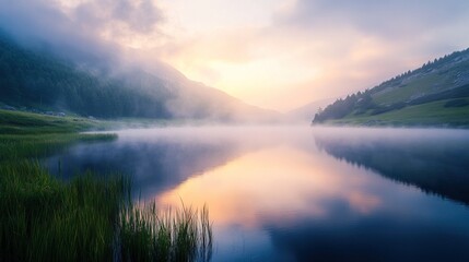 Fototapeta premium Tranquil landscape featuring a serene lake at dawn, surrounded by misty mountains and lush greenery.