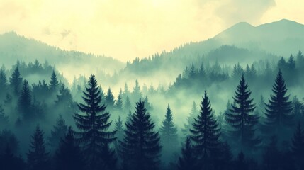 Fototapeta premium Misty evergreen forest at dawn, showcasing a tranquil atmosphere with layers of trees and soft sunlight creating a serene landscape.