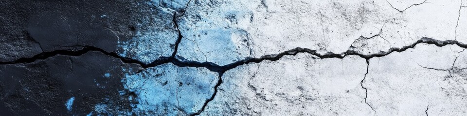 A cracked surface showcasing a blend of blue and white tones, perfect for captivating abstract visuals