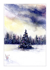 Piękna choinka na tle lasu, akwarela, pocztówka świąteczna Beautiful Christmas tree on forest background, watercolor, Christmas postcard © g_oann