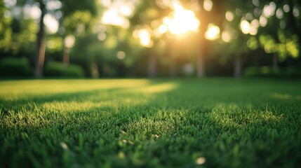Naklejka premium A vibrant green lawn basking in warm sunlight, creating a serene and tranquil outdoor atmosphere.