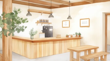 Fototapeta premium Cozy Modern Cafe Interior with Wooden Furniture and Green Plants, Minimalist Design, Warm and Inviting Atmosphere, Ideal for Relaxation and Socializing, Bright and Airy Space with Natural Light