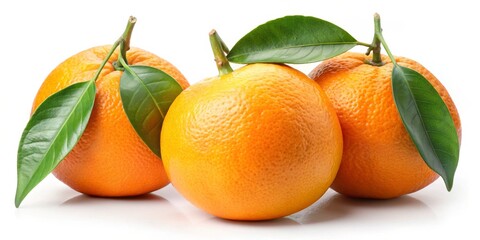 Vibrant Citrus Trio Closeup of Fresh Oranges in Triangular Formation on White, Bright Colorful Fruit with Green Leaves for Health, Food, Freshness Concepts