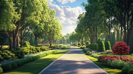 A serene pathway lined with vibrant flowers and lush greenery under a bright blue sky.