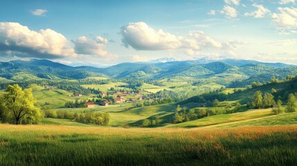A breathtaking panoramic view of green hills and distant mountains under a bright blue sky with fluffy white clouds.
