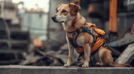 A focused dog wearing an orange harness, sitting proudly amidst an industrial background, showcasing bravery and loyalty.