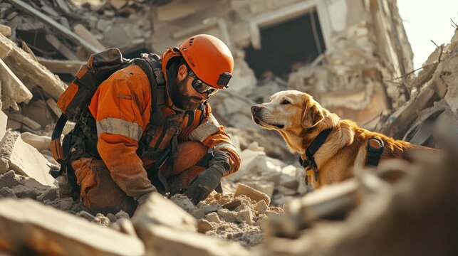 A male rescue worker in orange gear interacts with a loyal search dog amid rubble, showcasing teamwork in disaster recovery.