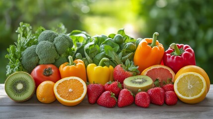 A vibrant display of fresh organic fruits and vegetables on a wooden table outdoors, including strawberries, oranges, broccoli, bell peppers, and leafy greens, set against a green natural background.
