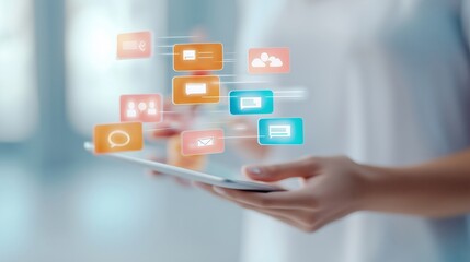 Business professional using flexible communication apps with floating chat icons and collaboration tools, symbolizing adaptable workflows