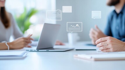 Business professionals in a virtual meeting with floating communication tools, symbolizing flexible and efficient business practices