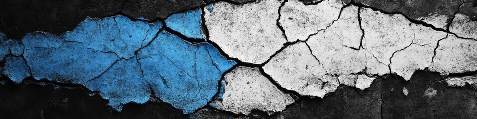 This artwork showcases an abstract cracked texture composed of blue and white colors against a dark background