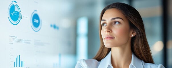 Businesswoman analyzing scalability metrics on a digital dashboard, surrounded by growth projections and cloudbased tools