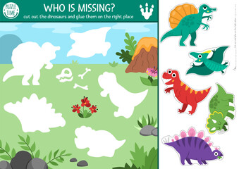 Vector dinosaur cut and glue activity. Crafting game with prehistoric world landscape. Printable worksheet. Find right piece of puzzle. Complete picture with T-rex, stegosaur, triceratops © Lexi Claus