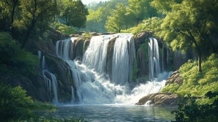 Naklejka premium A serene waterfall cascades over smooth rocks, surrounded by lush green trees and tranquil waters.