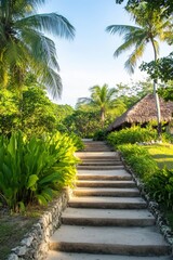 Fototapeta premium A serene pathway lined with lush greenery leading to a tropical retreat at sunrise