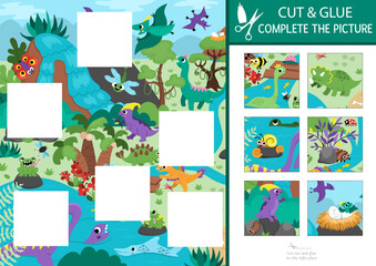Vector dinosaur cut and glue activity. Prehistoric crafting game with cute ancient animals and dino land landscape. Fill up the scene with square sticker. Find right piece of puzzle. Complete picture © Lexi Claus