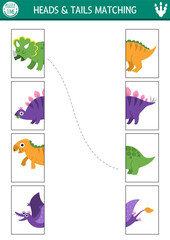 Dinosaur connect the halves worksheet.  Prehistoric dino land matching game for preschool children with ancient animals. Match heads and tails activity with triceratops, stegosaur, pterosaur