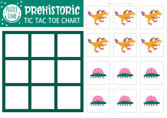 Vector dinosaur tic tac toe chart with velociraptor. Prehistoric board game playing field with cute characters. Funny dino land printable worksheet. Noughts and crosses grid
