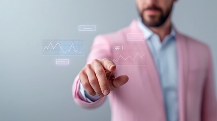 CEO managing scalable business operations using digital dashboards with floating graphs representing growth potential