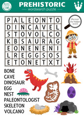 Vector simple dinosaur wordsearch puzzle for kids. Word search dino land quiz. Educational activity with paleontologist, skeleton, volcano, egg, cave, bone, nest. Cross word with prehistoric scene