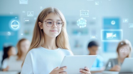Classroom with students taking a digital assessment on tablets, surrounded by holographic educational symbols