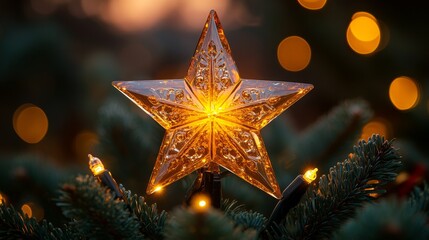 A sparkling star tree topper made of crystal, glowing at the top of a beautifully decorated Christmas tree, Space for text