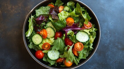 An overhead view of a vibrant salad bowl filled with a mix of green leafy vegetables, cherry tomatoes, and cucumbers, with a light vinaigrette dressing.