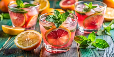 Vibrant Pink Lemonade Delight on Rustic Wood - Closeup Refreshing Citrus Beverage with Mint, Grapefruit, and Ice Cubes, Summery Atmosphere, Ideal for Branding, Recipes, Lifestyle