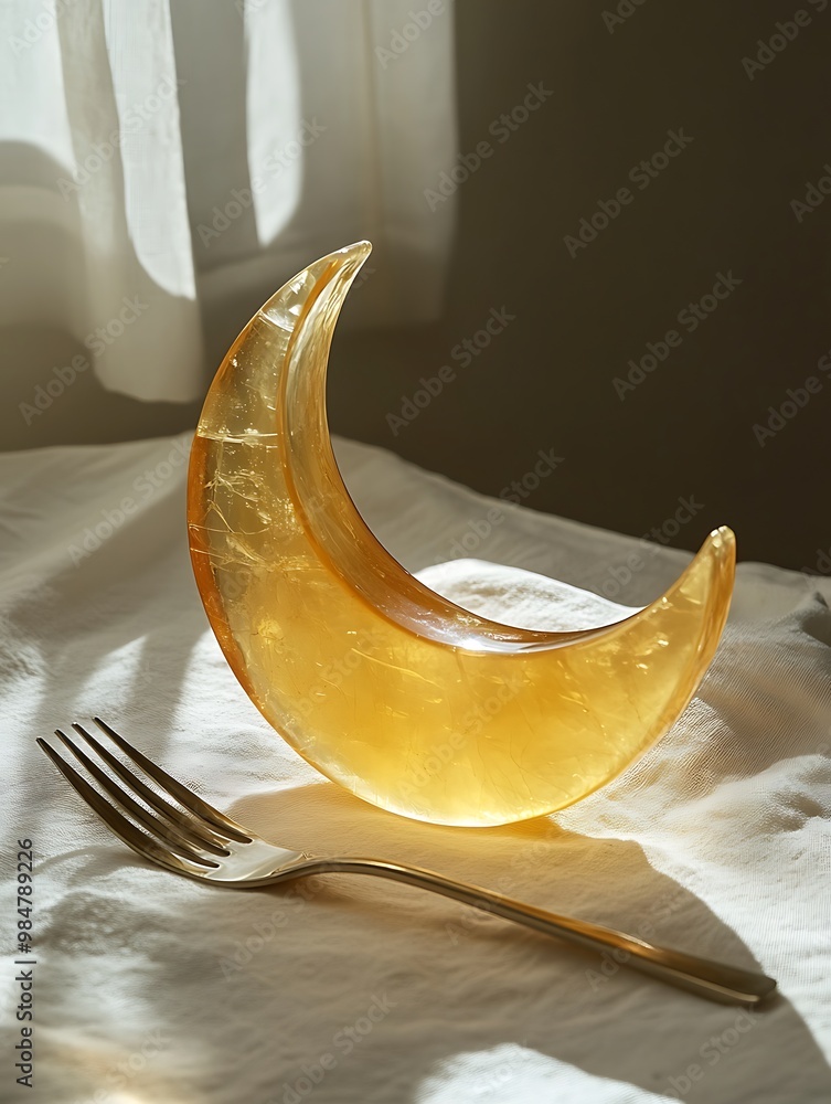 Poster a crescent moon-shaped object made of translucent amber-colored material sits on a white fabric surf