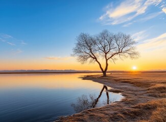 Serene lakeside landscape under a bright sun with lush greenery on a peaceful afternoon