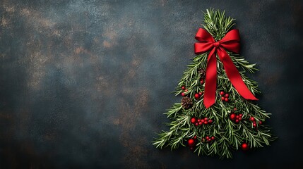 A tabletop Christmas tree made entirely of fresh rosemary, tied with red ribbons, space for text