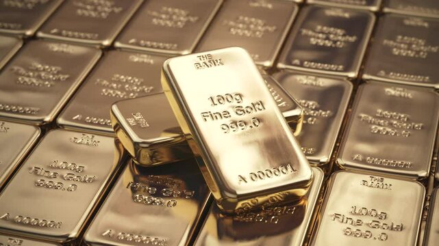 Gold bars and ingots stack in a row. Savings, financial and investments concept. 3d animation