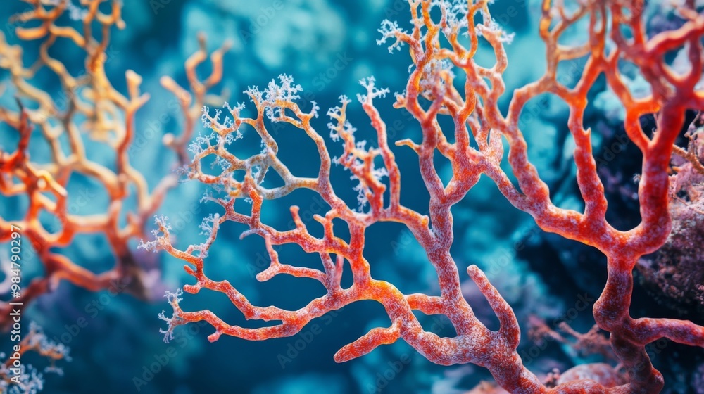Poster an underwater close-up of branching corals with various hues, creating a stunning visual contrast ag