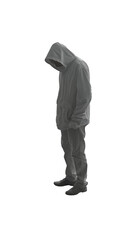 A man wearing a gray hoodie, standing in a pose with his head down. His face is hidden under the hood, creating a sense of mystery.