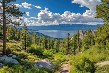 Obraz premium Stunning vista of lake tahoe surrounded by california's natural splendor