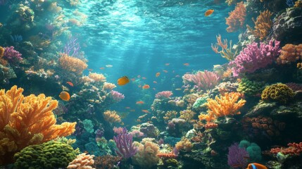 Naklejka premium An underwater scene featuring a diverse coral garden with various coral species and fish swimming among them in a tropical reef.