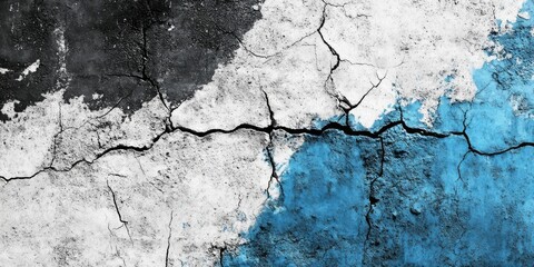 Obraz premium This is an artistic representation of a cracked wall adorned with abstract colors primarily in black and blue shades